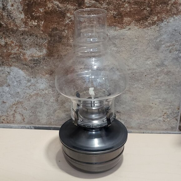 Vintage Kerosene Lamp Wick Clear Hurricane Glass Globe Chimney Metal Base - Picture 2 of 12